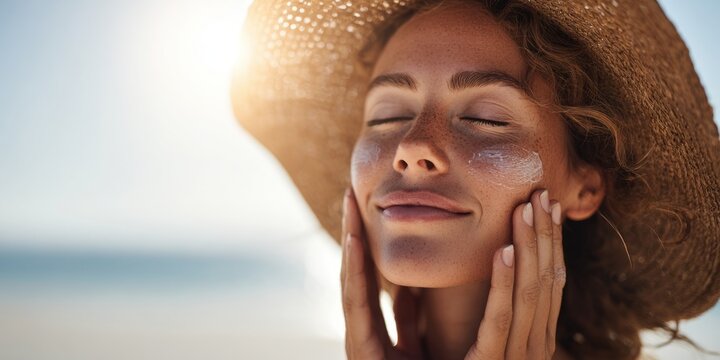 Woman applying sunscreen on face beach sun protection