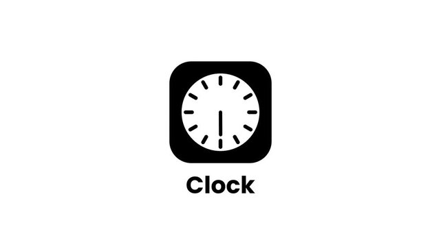 A white background app icon displaying an analog clock face with bold black hands labeled Clock representing a native time and alarm management app