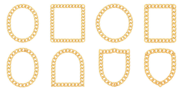 Set of metallic gold frames in circular square and shield shapes with intricate chain design on transparent background