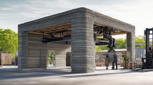 robotic 3D concrete printer constructing a modern house, layered texture of printed concrete, workers supervising the process, natural daylight