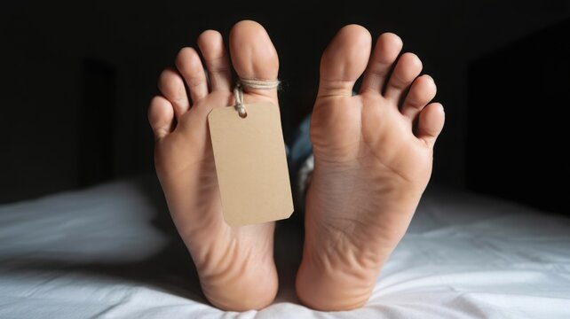Dead body feet with blank toe tag in morgue, deceased person on hospital gurney, forensic investigation and autopsy concept