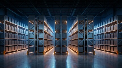 Fototapeta premium Futuristic Automated Smart Warehouse Aisle with Glowing LED Logistics Technology