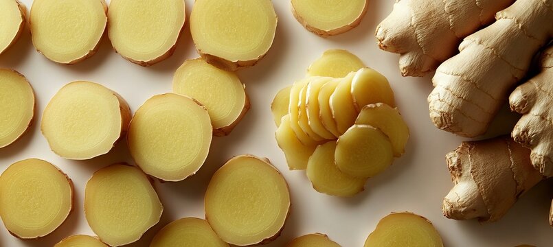 Fresh Ginger Root Slices on Wooden Board, Aromatic Spice for Cooking and Culinary Uses Display