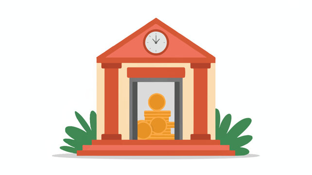Cartoon bank building with coins in the window and clock on the roof