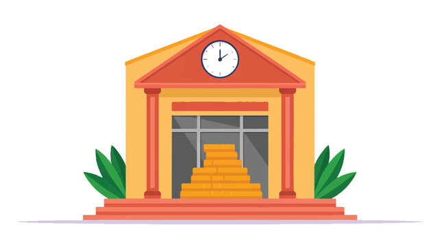 Cartoon illustration of a building with a clock and steps leading to the entrance