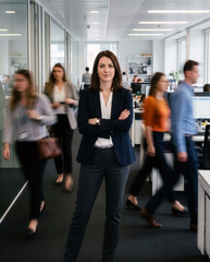 Fototapeta premium Confident mature businesswoman standing still with crossed arms in a busy corporate office with blurred coworkers