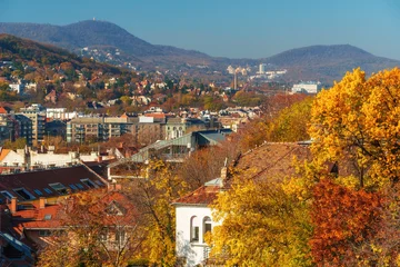 Fototapeten Fallen Breathtaking panoramic view of Budapest Hungary during vibrant autumn season showcasing colorful fall foliage historic architecture and rolling green hills against a bright blue sky  © soleg
