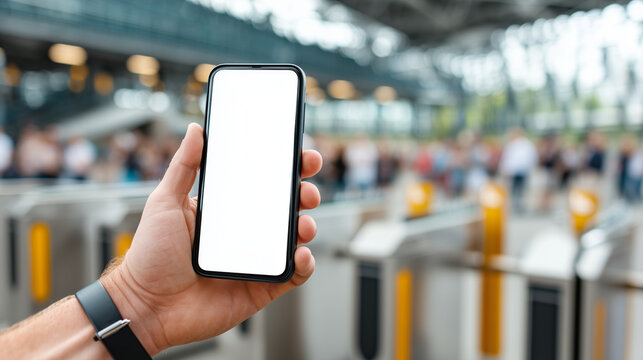 Faceless hand holding a smartphone with a blank screen at a modern stadium turnstile, representing digital ticketing and fan experience, defocused crowd background, with copy space