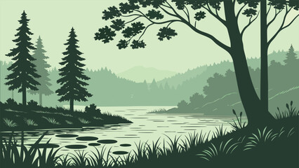 Fototapeta premium serene nature landscapes with forests, rivers, and wetlands in flat vector style