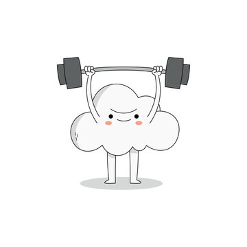 cute white cloud cartoon character lifting weight barbell doodle