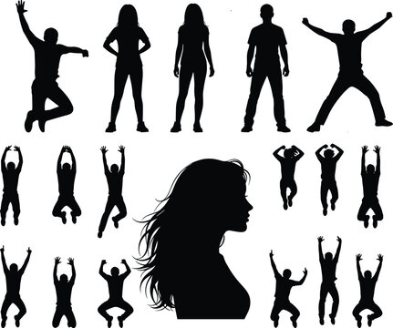 Happy jumping people silhouettes, active men and women, female profile portrait with long hair, jumping for joy, success celebration, excitement, energy, vector set