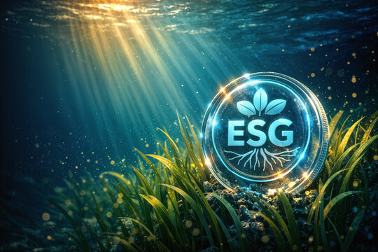 Blue Carbon certification token with ESG hologram nestled in seagrass underwater climate credits bioluminescent particles coastal protection sustainable finance investment
