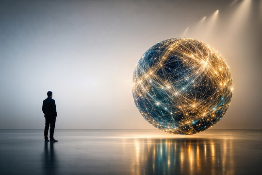 International Day of Friendship concept art with solitary silhouette observing levitating fiber optic sphere symbolizing global connection unity and diversity