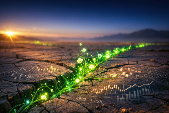 Bioluminescent green vines and flowers rewriting cracked desert with financial chart symbols IMF World Bank debt relief sustainable development climate finance transformation hope investment