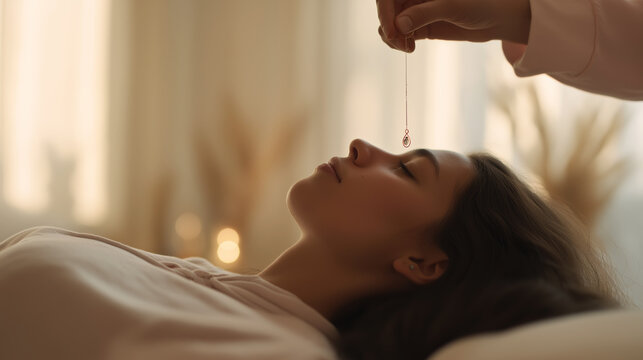 Practitioner performing dowsing on a young woman for spiritual healing and wellbeing in a serene setting
