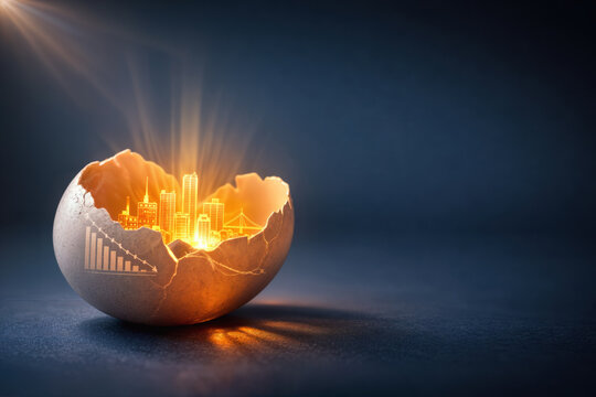 Cracked eggshell with glowing miniature golden city skyline and downward population bar graphs symbolizing birth rate decline demographics labor shortage and economic risk metaphor