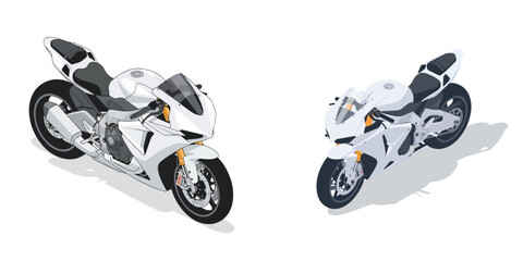 Isometric flat vector set of a sleek sports motorcycle, minimal detail, white background, no outlines © Haris Lost