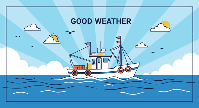 Commercial fishing boat sails across calm blue waters under a bright sun with clouds and birds in a good weather maritime illustration.