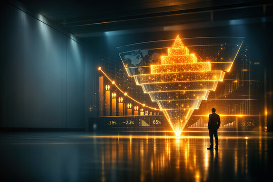 Demographic decline holographic inverted population pyramid in minimalist hall illustrating birth rate decline labor shortage aging population economic risk future planning workforce sustainability