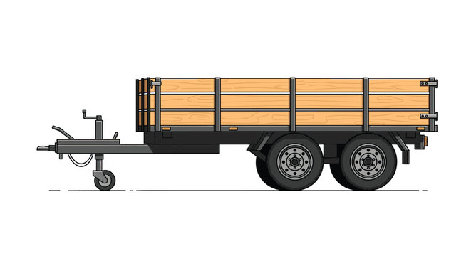 Detailed illustration of a dual-axle flatbed utility trailer with wooden side panels and a strong metal frame.