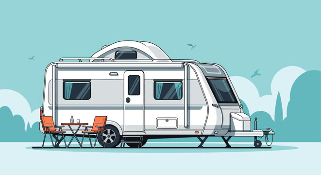 Large modern white camper caravan parked at a scenic campsite with orange outdoor chairs and a small table set up.