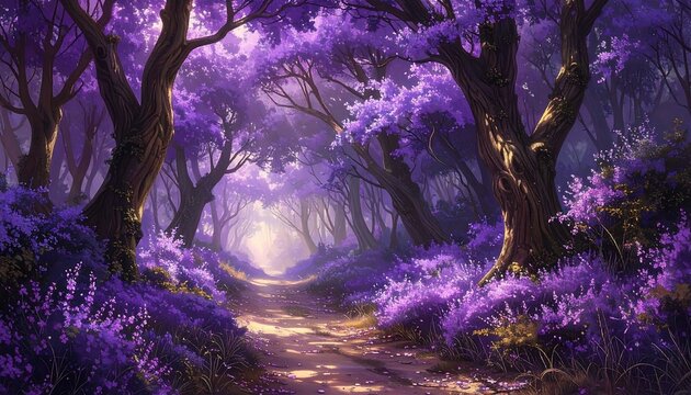 A serene purple forest path with trees and flowers
