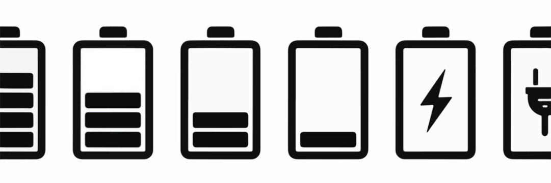 Six battery icons showing different charge levels and charging
