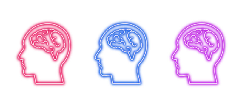 Neon glowing human brain vector icons set, mind, intelligence, thought, knowledge, creativity, science, psychology, vibrant colorful digital design illustration on transparent background.