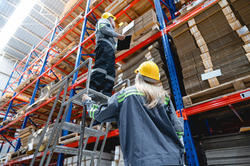 Warehouse Worker in Yellow Helmet Inspects Red Shelving Unit with Cardboard Boxes in a Brightly Lit...