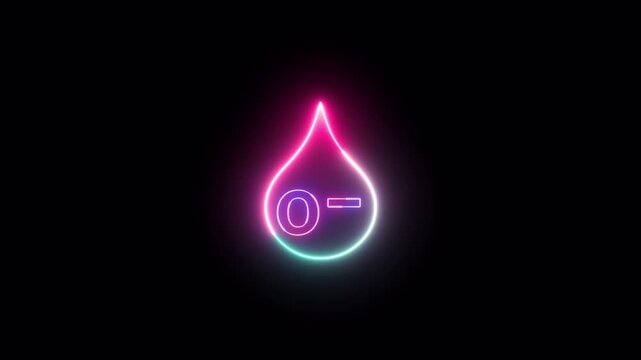 O Negative blood type symbol glowing neon in drop shape on black background, medical concept, O Negative