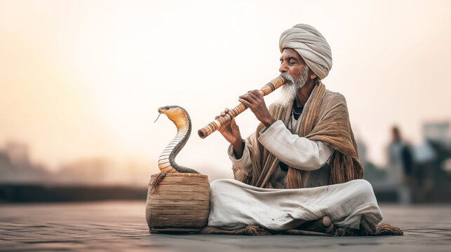 Elderly snake charmer playing pungi flute charming cobra, traditional Indian cultural performance