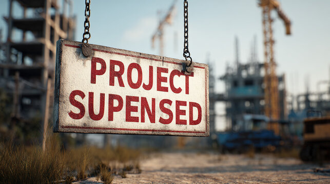 An abandoned construction site with a "Project Suspended" sign