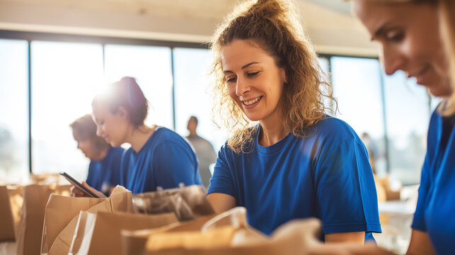 Volunteering women wearing blue t shirts packing items into paper bags, looking happy while supporting a charitable cause