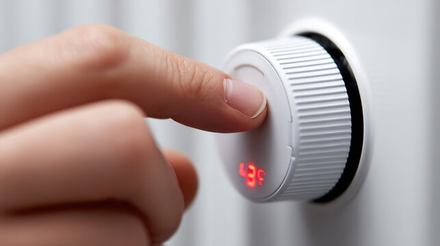 Close-up of a hand turning down a thermostat or heater to save energy