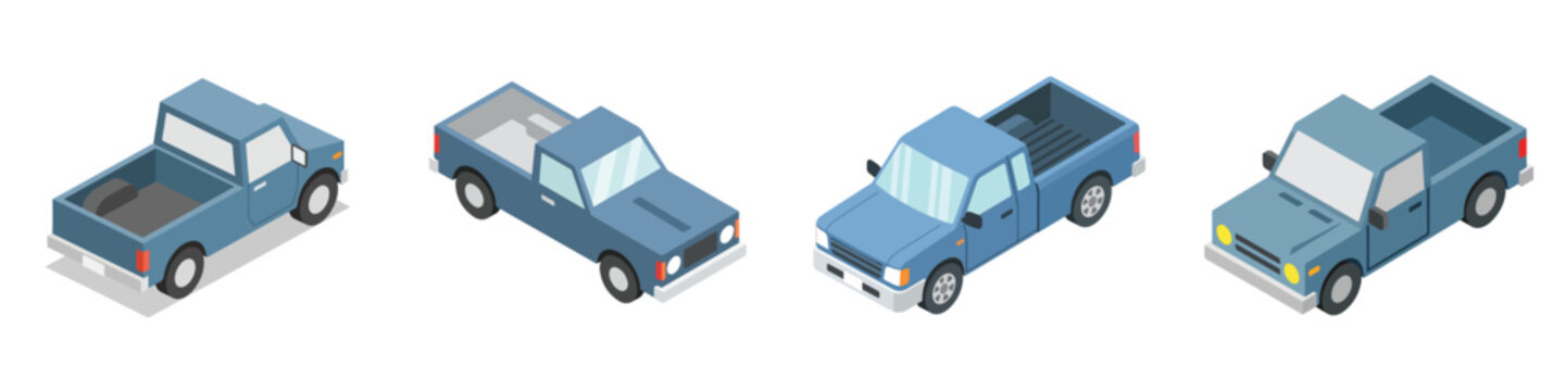Collection of four blue pickup trucks viewed from a 3/4 angle, presented in a clean, isometric illustration style