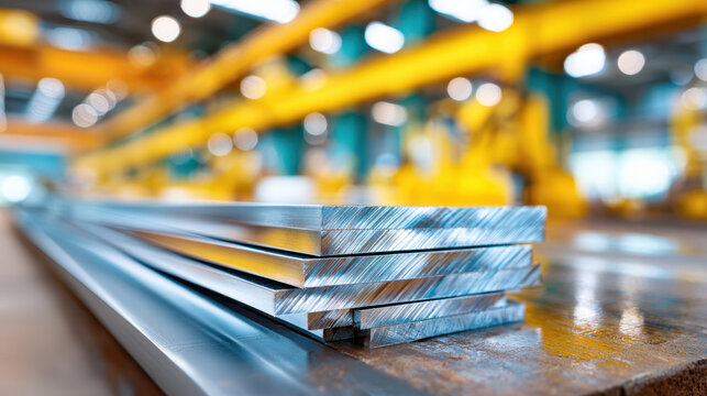 Side view of aluminum sheets stacked for transport on a workshop table in an industrial plant for poster and banner design emphasizing reflective metal texture and production line setting