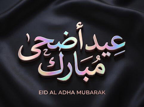 Eid Al Adha Mubarak calligraphy in iridescent metallic script against a dark luxurious background, perfect for Islamic holiday greetings and celebrations