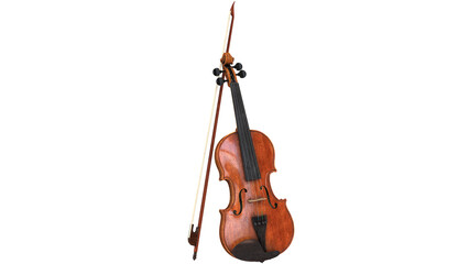 High-resolution 4K 3D render of a classical violin standing with a crossed bow, isolated on transparent background. Professional lighting and realistic wood textures for high-end design. © FraP 2D