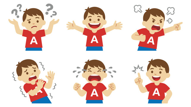 Charming cartoon boy characters in red shirts displaying multiple emotions and gestures.