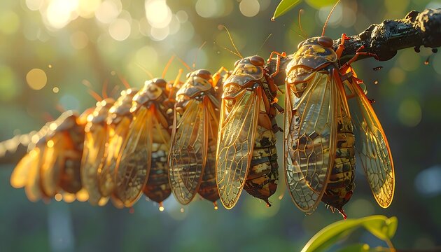 Cicadas line branch sunrise