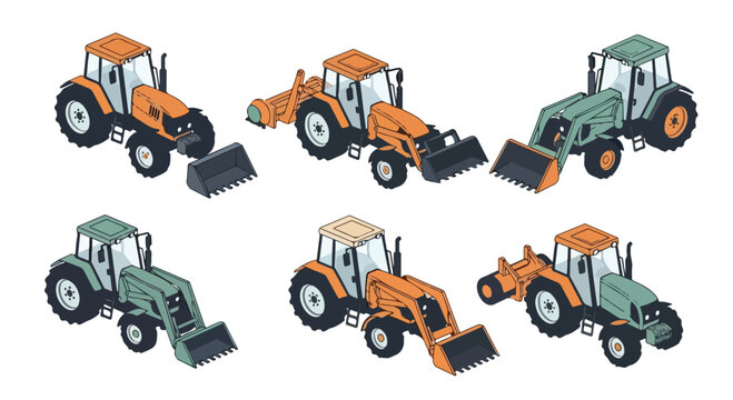 Isometric vector illustrations heavy machinery collection. Tractors and front loaders for agriculture and construction. Modern graphic style depicting industrial equipment