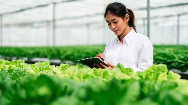Young female worker inspecting lettuce plants, writing notes in modern hydroponic greenhouse agricultural farm