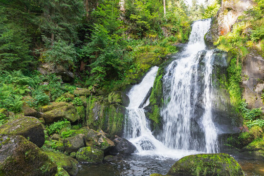 Triberg Waterfall cascading over mossy rocks in Black Forest Germany