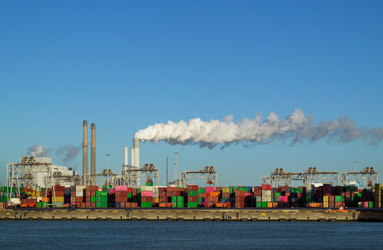 Container terminal and coal fired power plant at Rotterdam harbour