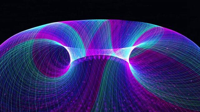 colossal, high-velocity toroidal plasma containment field heaving with iridescent electromagnetic waves in an endless mathematical animation. Ideal for VJ loops, scientific documentaries UI background