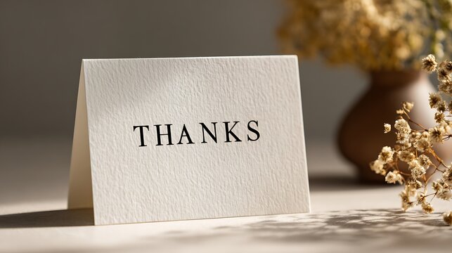 A card with thanks written on it sits on a table next to a vase and flowers.