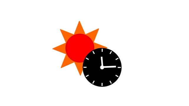 Summer time concept with spinning sun and clock icon, symbol of warmth, season, time, and energy