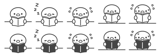 読書するひよこの手書き線画イラストセット　 © Nitomaru