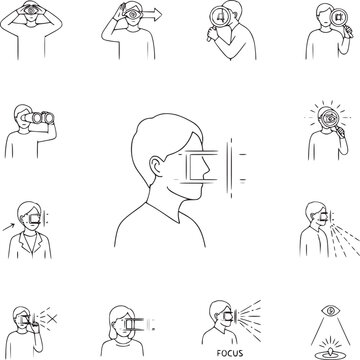 Set of hand-drawn human head illustrations with brain activity and meditation concepts