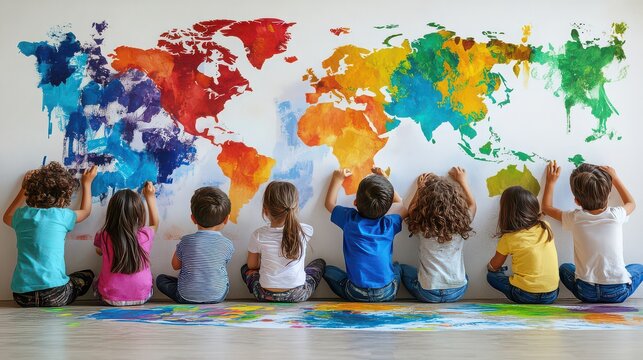 A group of diverse children painting a colorful world map on a white wall with vibrant paint.